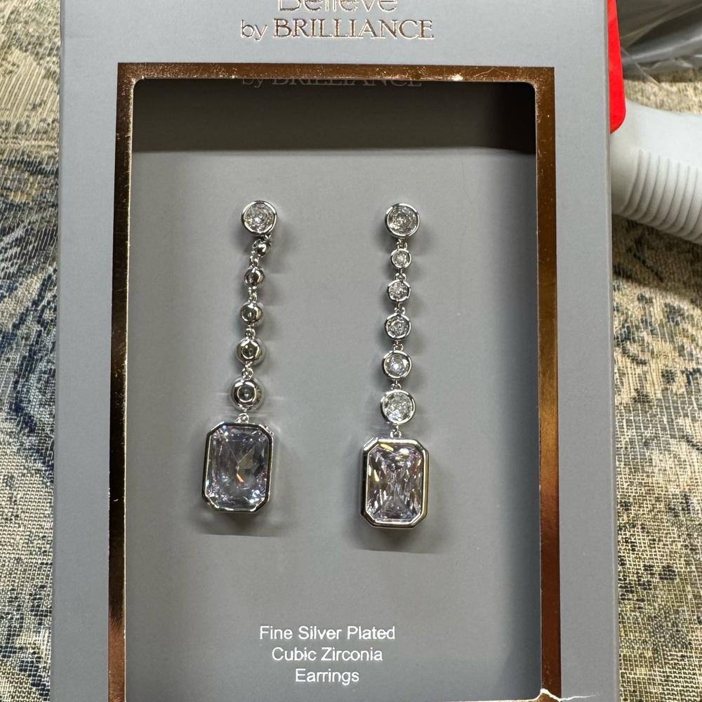 Beauty by Brilliance NWB Silver Linear Drop Earrings Crystal Accents app. 3.5”